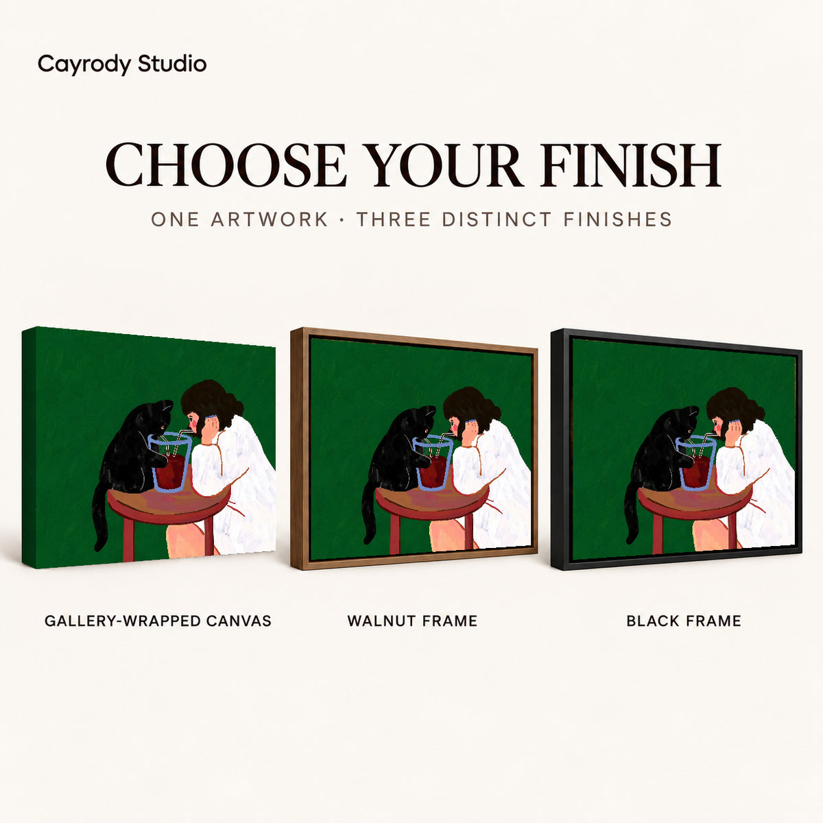 shared sip companions canvas art compared across gallery-wrapped canvas, walnut frame, and black frame finishes.