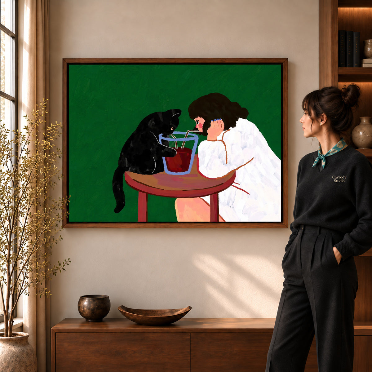 shared sip companions canvas art shown in the walnut frame option within a warm living room.