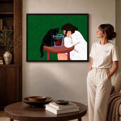 shared sip companions canvas art shown in the black frame option against a softly lit wall.