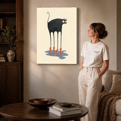 red boots cat canvas art on gallery-wrapped canvas with natural edge shading beside a standing woman.