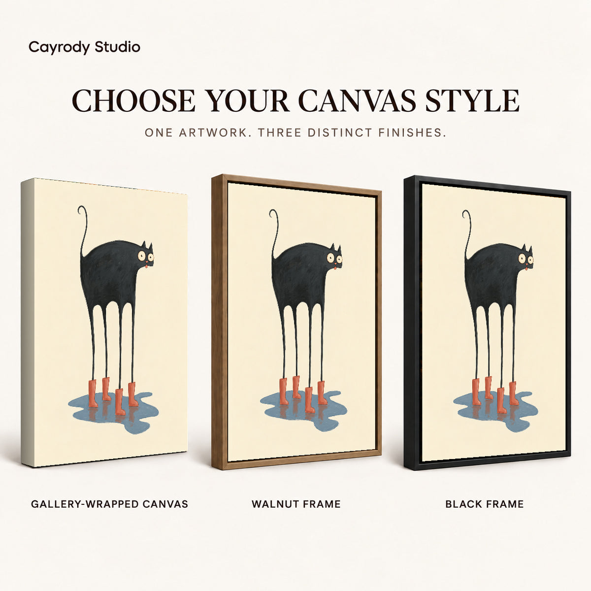 red boots cat canvas art compared across gallery-wrapped canvas, walnut frame, and black frame finishes.