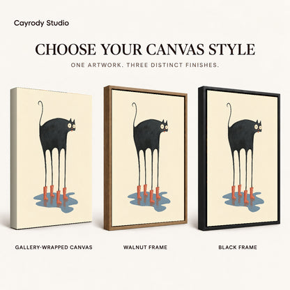red boots cat canvas art compared across gallery-wrapped canvas, walnut frame, and black frame finishes.