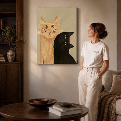 expressive cat gathering canvas art on gallery-wrapped canvas with natural edge shading beside a standing woman.