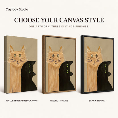 expressive cat gathering canvas art compared across gallery-wrapped canvas, walnut frame, and black frame finishes.