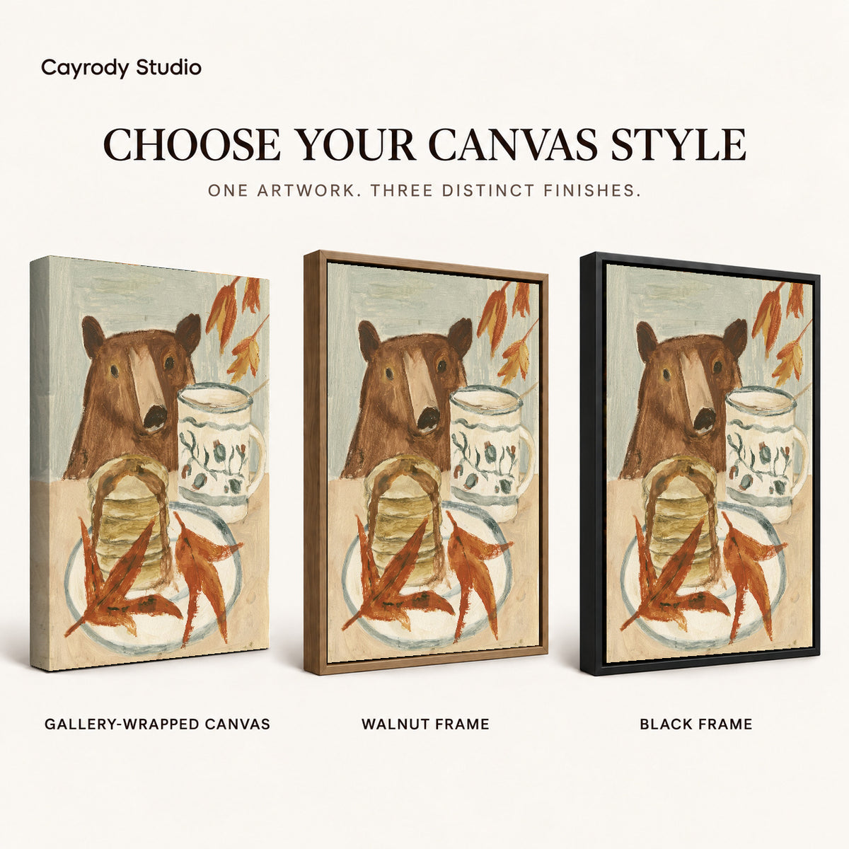 breakfast bear companion canvas art compared across gallery-wrapped canvas, walnut frame, and black frame finishes.