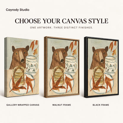 breakfast bear companion canvas art compared across gallery-wrapped canvas, walnut frame, and black frame finishes.