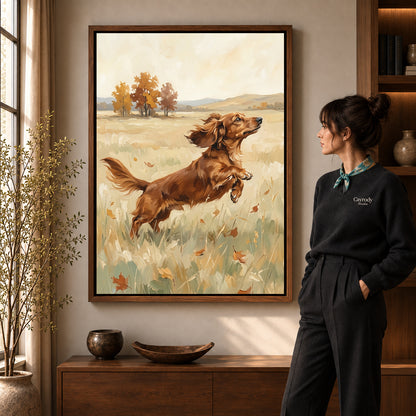 playful dachshund leap canvas art in a walnut frame beside a standing woman and wooden console.