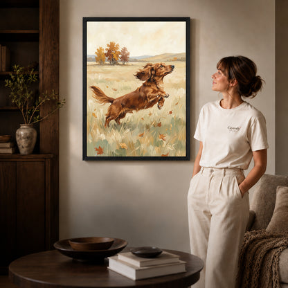 playful dachshund leap canvas art in a black frame beside a woman and round wooden table.