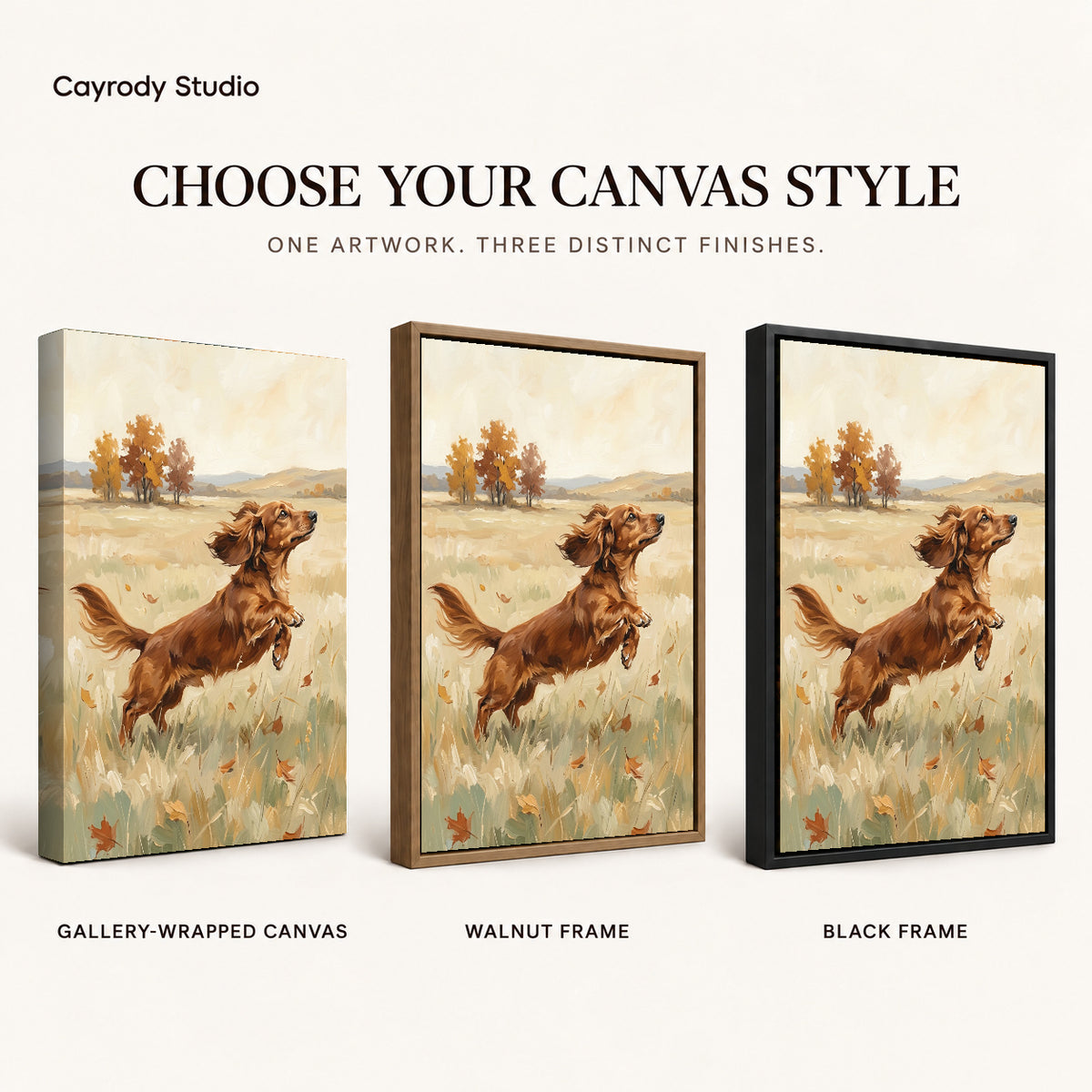 playful dachshund leap canvas art compared across gallery-wrapped canvas, walnut frame, and black frame finishes.