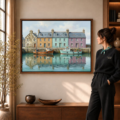 quiet harbor boats canvas art in a walnut frame beside a standing woman and wooden console.