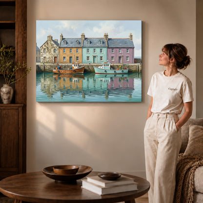 quiet harbor boats canvas art on gallery-wrapped canvas with visible edge depth beside a standing woman.