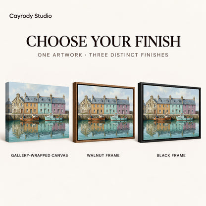 quiet harbor boats canvas art compared across gallery-wrapped canvas, walnut frame, and black frame finishes.