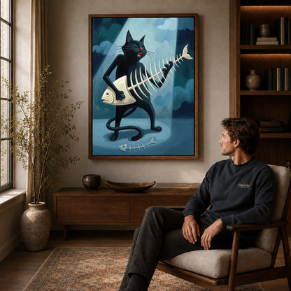 fishbone guitar cat canvas art in a walnut frame above a console beside a seated man.