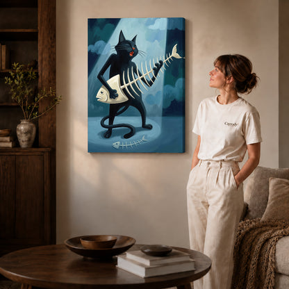 fishbone guitar cat canvas art on gallery-wrapped canvas with natural edge shading beside a standing woman.