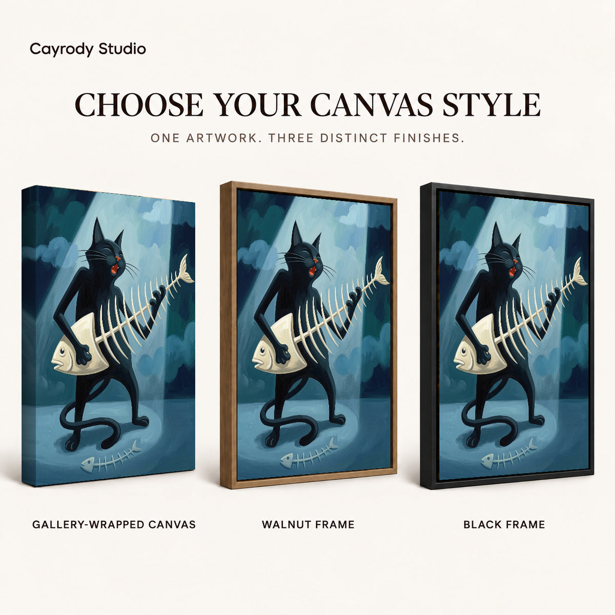 fishbone guitar cat canvas art compared across gallery-wrapped canvas, walnut frame, and black frame finishes.