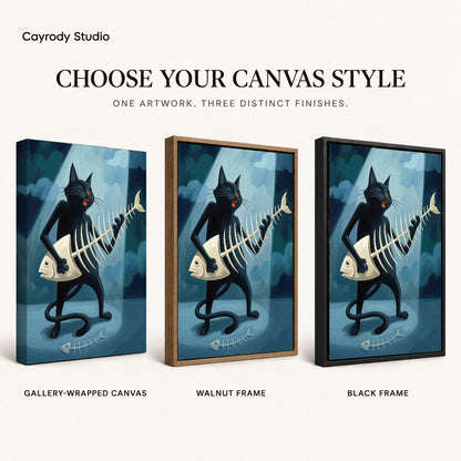 fishbone guitar cat canvas art compared across gallery-wrapped canvas, walnut frame, and black frame finishes.