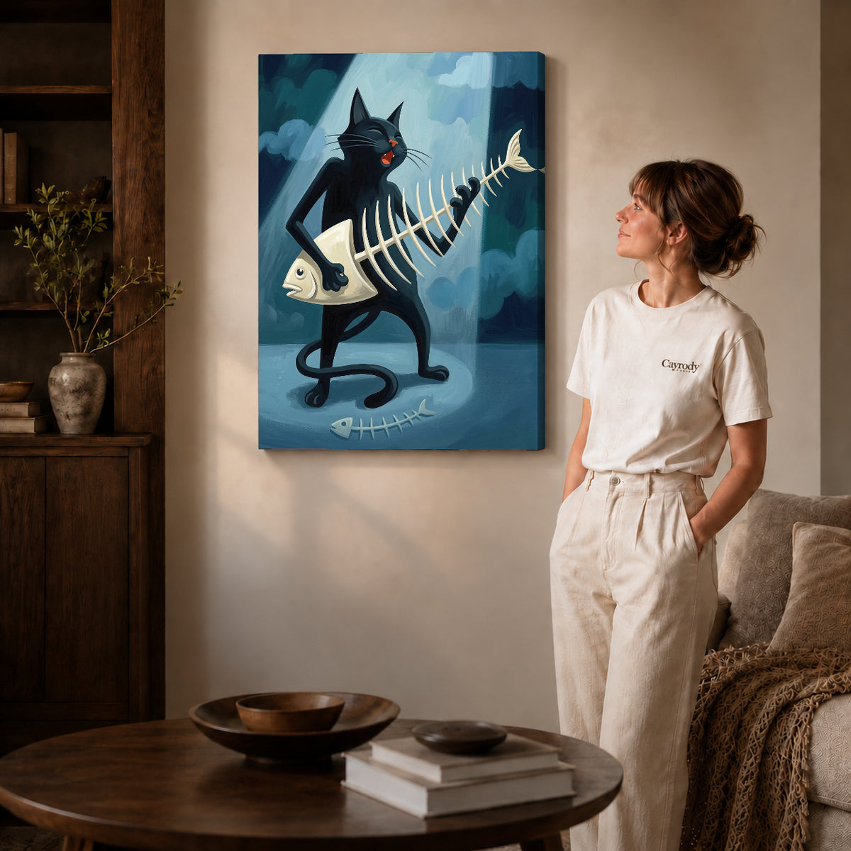 fishbone guitar cat canvas art shown in the gallery-wrapped option with visible depth and warm surroundings.