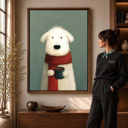 cozy morning dog canvas art in a walnut frame beside a standing woman and wooden console.
