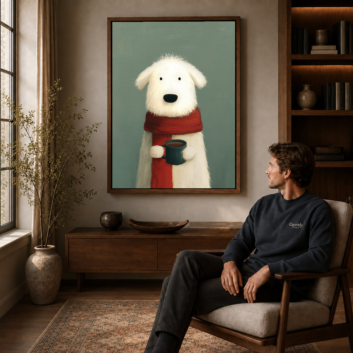 cozy morning dog canvas art in a walnut frame above a console beside a seated man.