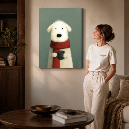 cozy morning dog canvas art on gallery-wrapped canvas with natural edge shading beside a standing woman.