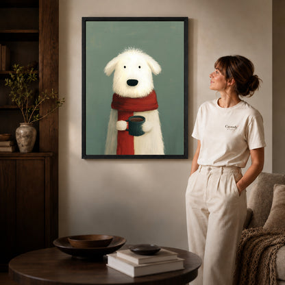 cozy morning dog canvas art in a black frame beside a woman and round wooden table.