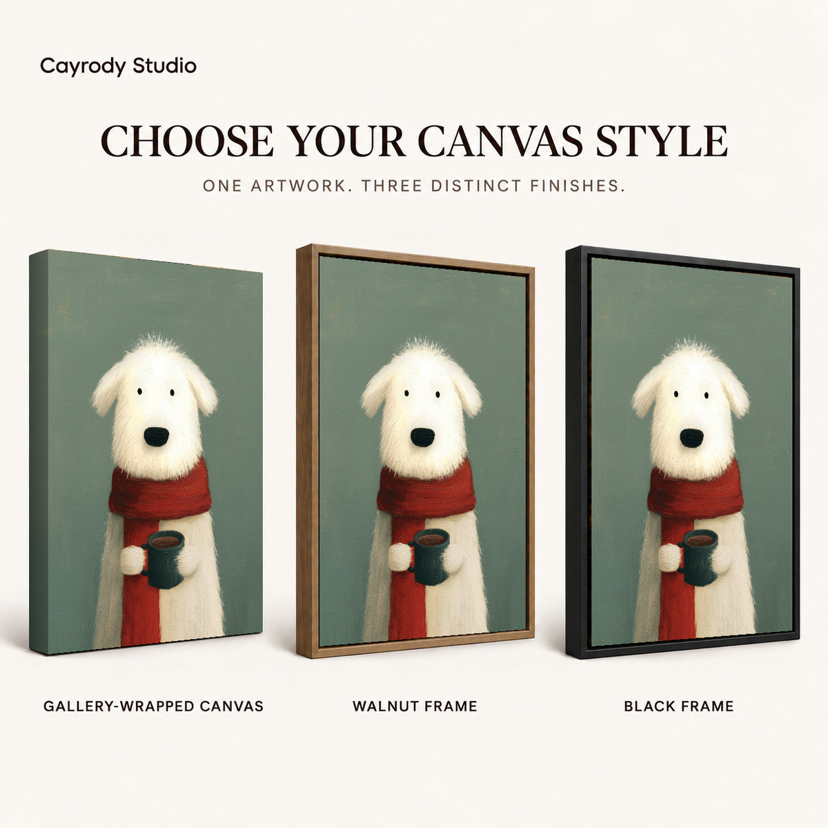 cozy morning dog canvas art compared across gallery-wrapped canvas, walnut frame, and black frame finishes.