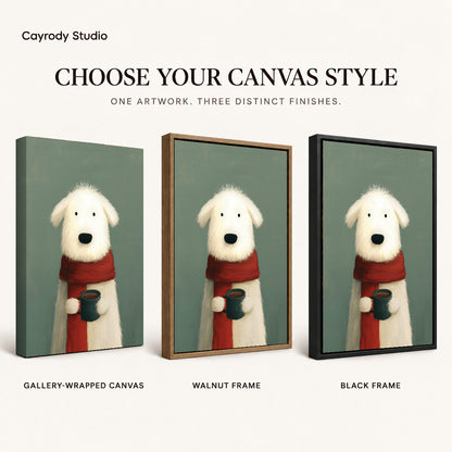 cozy morning dog canvas art compared across gallery-wrapped canvas, walnut frame, and black frame finishes.