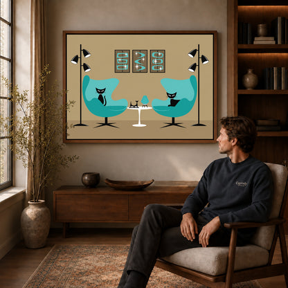 midcentury cat lounge canvas art in a walnut frame above a console beside a seated man.