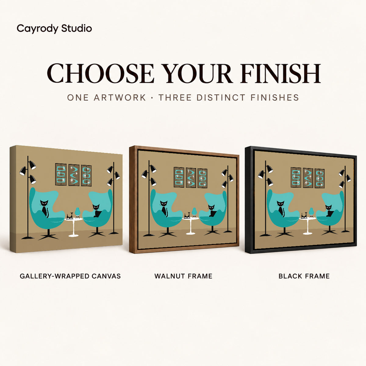 midcentury cat lounge canvas art compared across gallery-wrapped canvas, walnut frame, and black frame finishes.