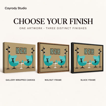 midcentury cat lounge canvas art compared across gallery-wrapped canvas, walnut frame, and black frame finishes.