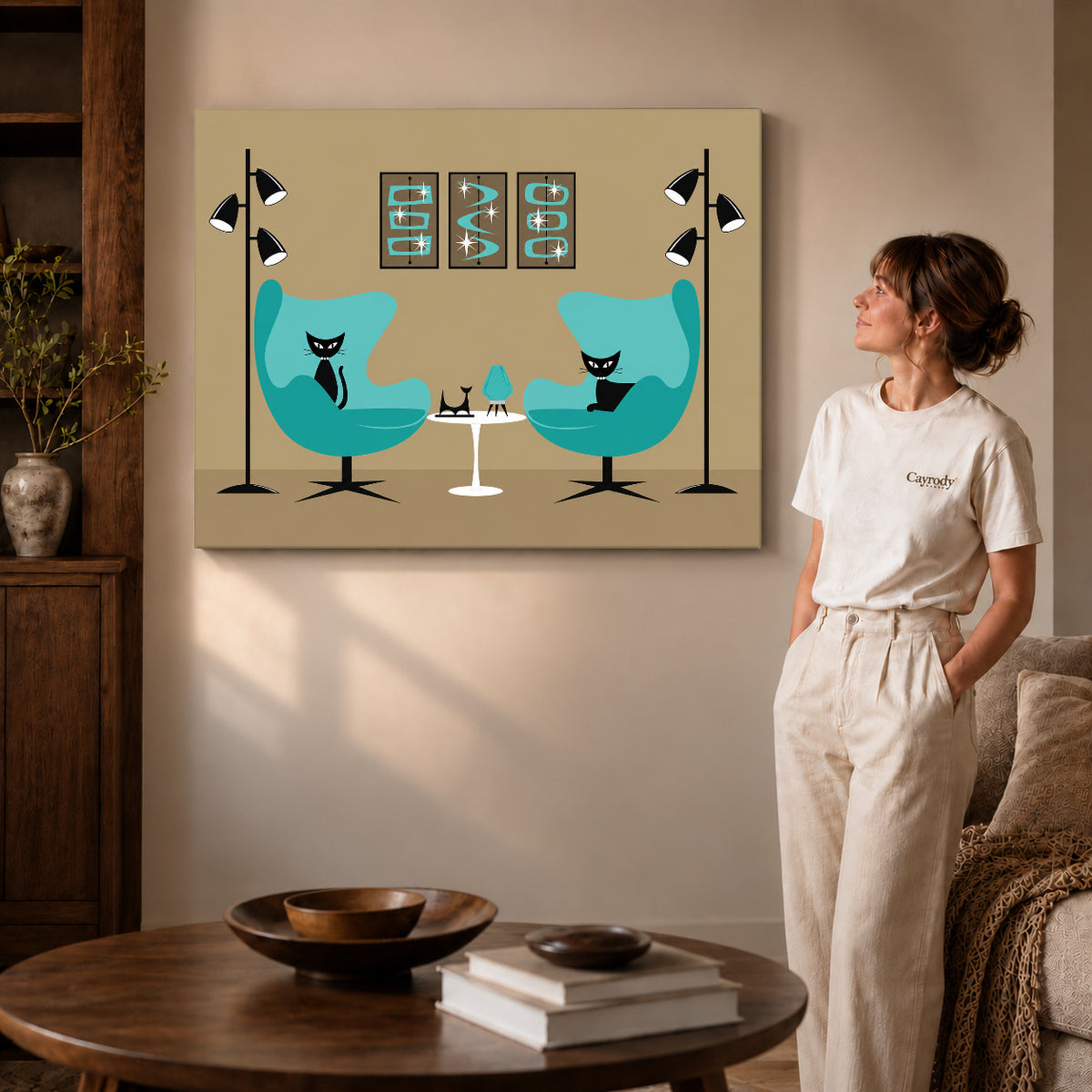 midcentury cat lounge canvas art shown in the gallery-wrapped option with natural side shading and warm surroundings.