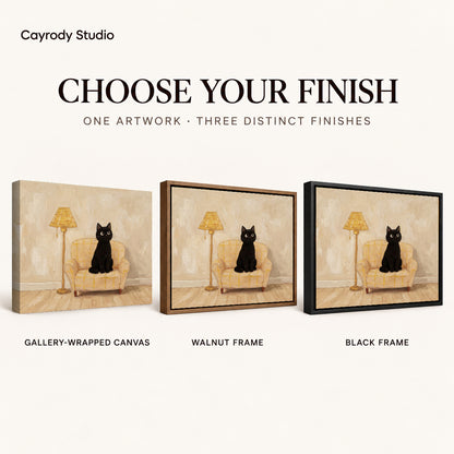 cozy armchair cat canvas art compared across gallery-wrapped canvas, walnut frame, and black frame finishes.