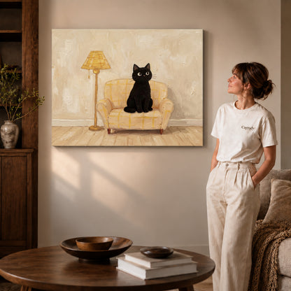 cozy armchair cat canvas art shown in the gallery-wrapped option with natural side shading and warm surroundings.
