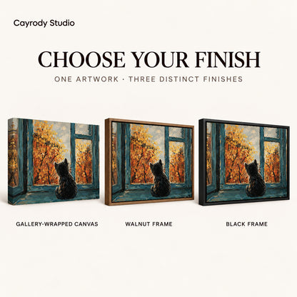 autumn window cat canvas art compared across gallery-wrapped canvas, walnut frame, and black frame finishes.
