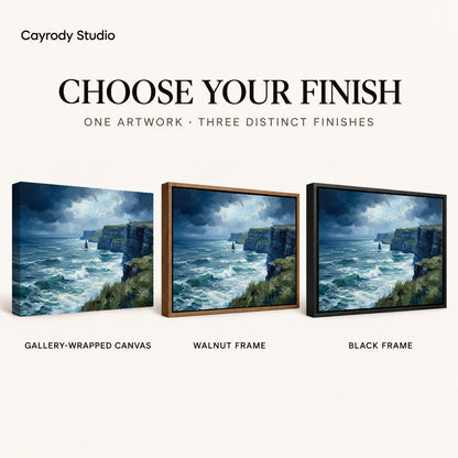 wild coastal cliffs canvas art compared across gallery-wrapped canvas, walnut frame, and black frame finishes.