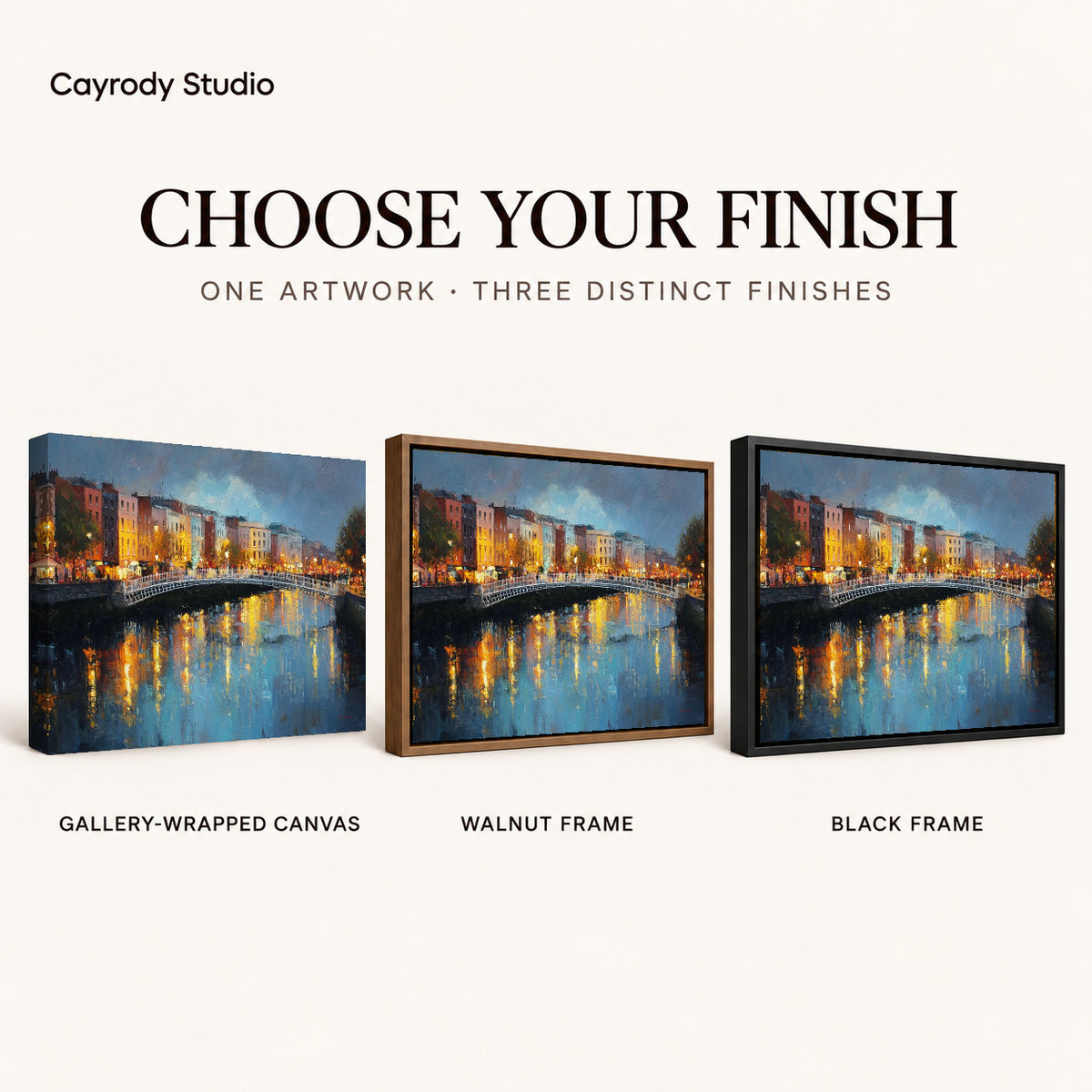city bridge reflections canvas art compared across gallery-wrapped canvas, walnut frame, and black frame finishes.