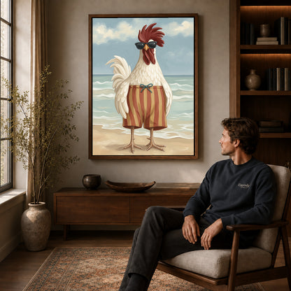 sunny beach rooster canvas art in a walnut frame above a console beside a seated man.
