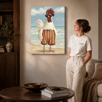 sunny beach rooster canvas art on gallery-wrapped canvas with natural edge shading beside a standing woman.