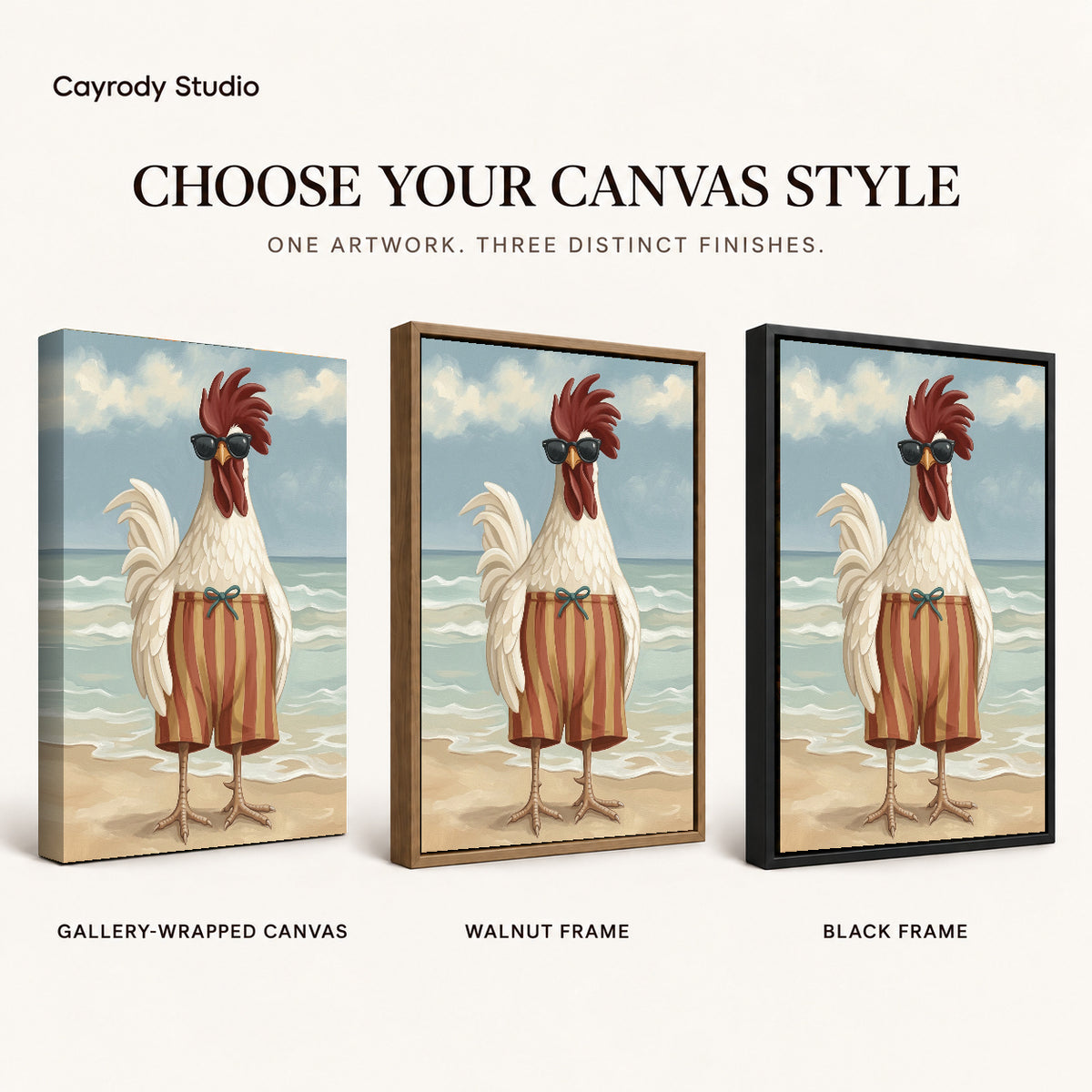 sunny beach rooster canvas art compared across gallery-wrapped canvas, walnut frame, and black frame finishes.