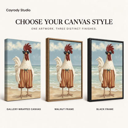 sunny beach rooster canvas art compared across gallery-wrapped canvas, walnut frame, and black frame finishes.