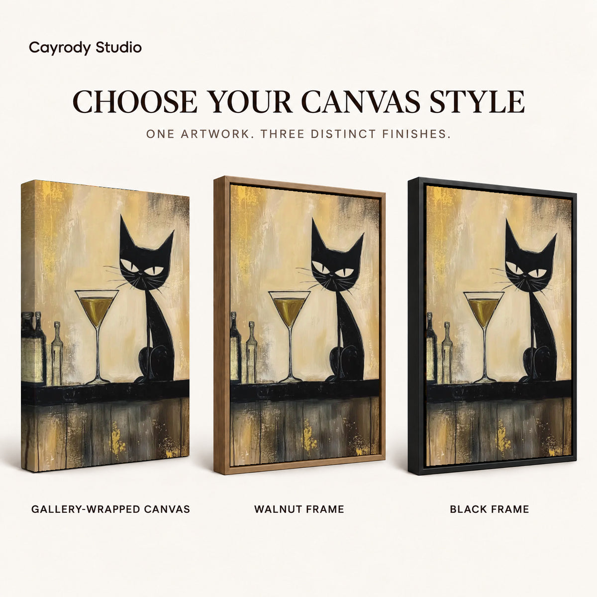 midnight martini cat canvas art compared across gallery-wrapped canvas, walnut frame, and black frame finishes.