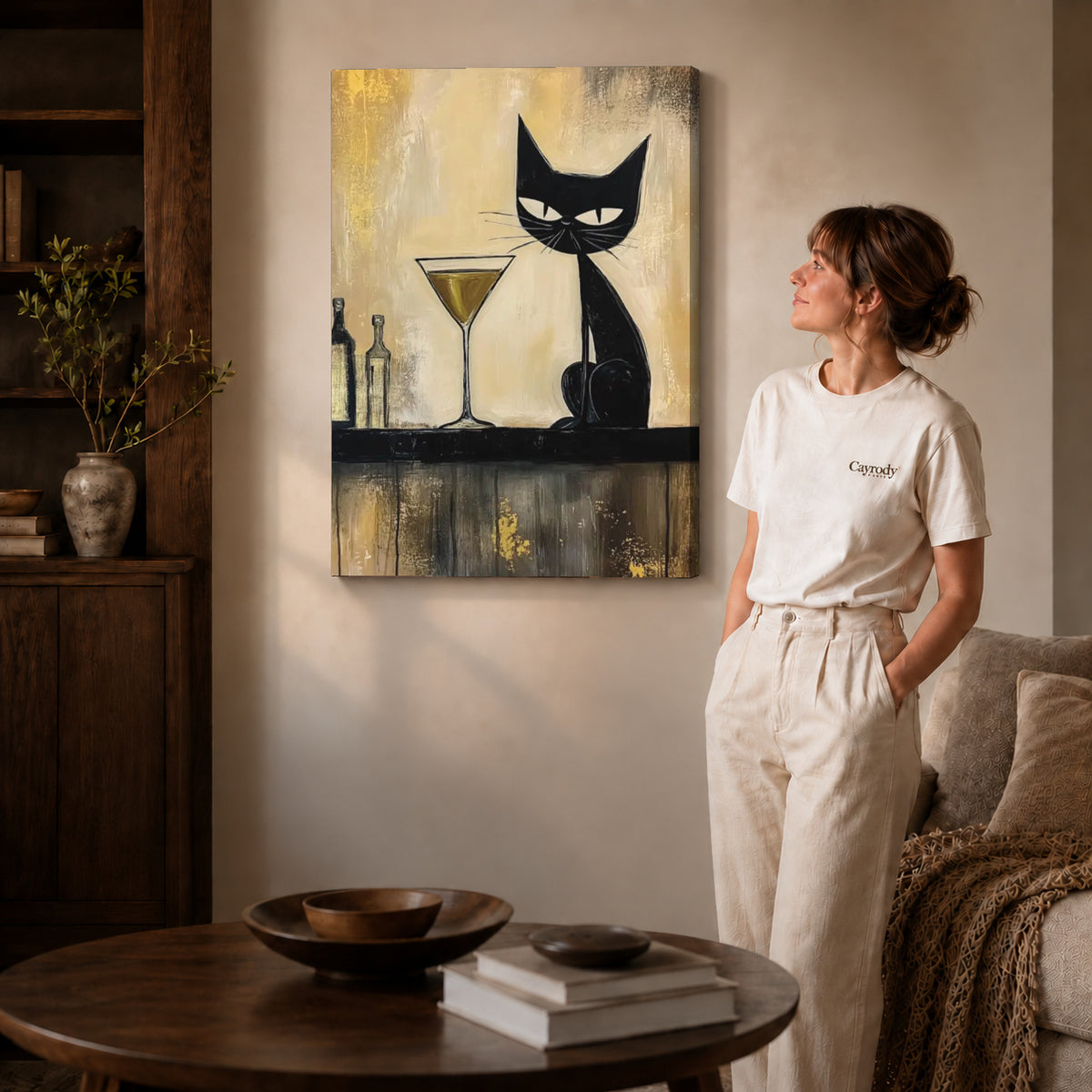 midnight martini cat canvas art shown in the gallery-wrapped option with visible depth and warm surroundings.
