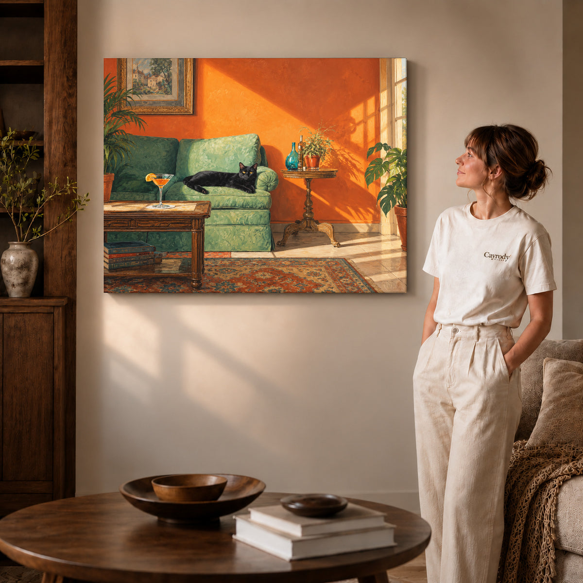 sunlit cat lounge canvas art on gallery-wrapped canvas with visible edge depth beside a standing woman.