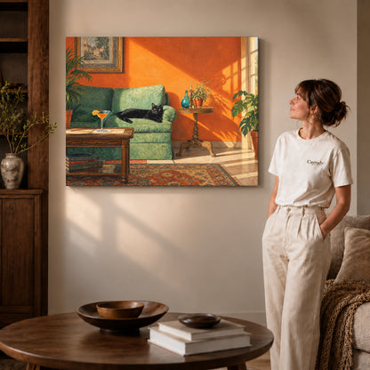sunlit cat lounge canvas art on gallery-wrapped canvas with visible edge depth beside a standing woman.