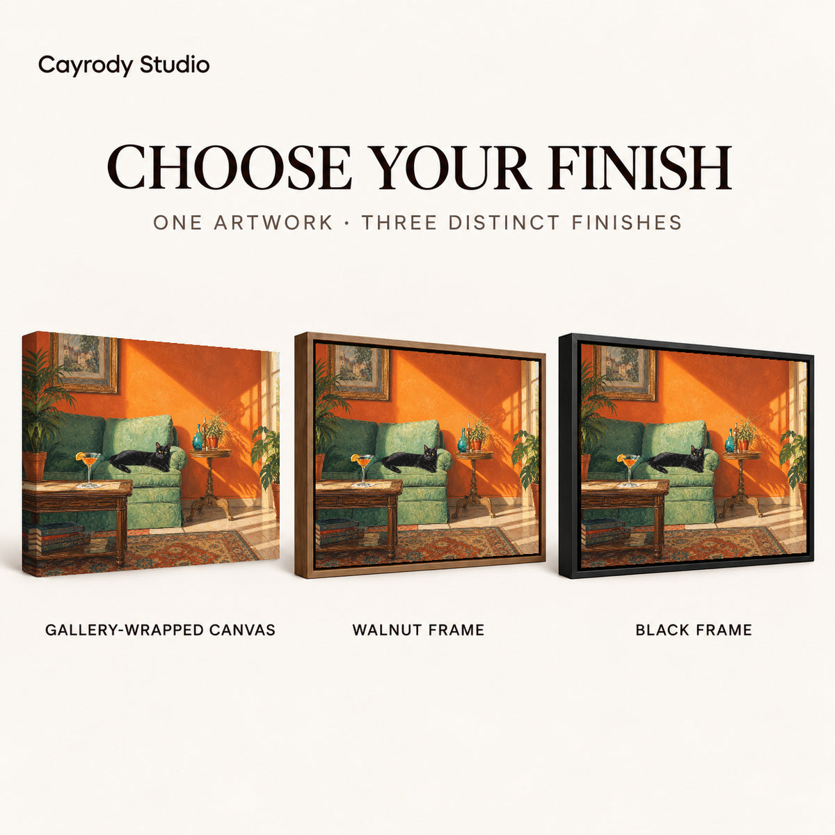 sunlit cat lounge canvas art compared across gallery-wrapped canvas, walnut frame, and black frame finishes.