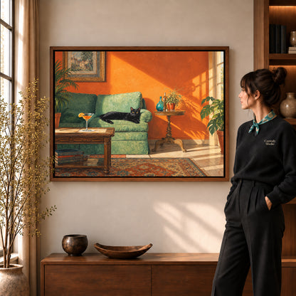 sunlit cat lounge canvas art shown in the walnut frame option within a warm living room.