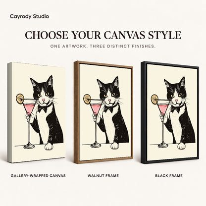 tuxedo cocktail cat canvas art compared across gallery-wrapped canvas, walnut frame, and black frame finishes.