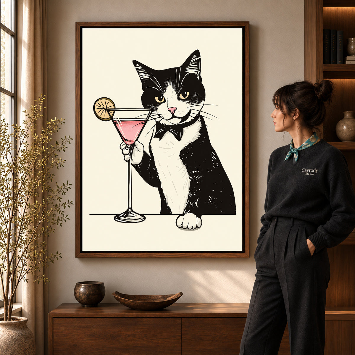 tuxedo cocktail cat canvas art shown in the walnut frame option within a warm living room.
