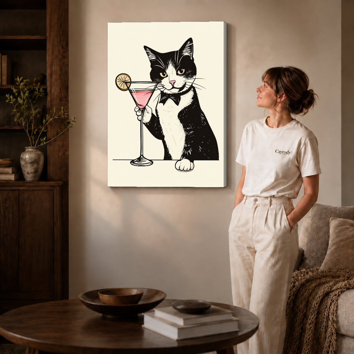 tuxedo cocktail cat canvas art shown in the gallery-wrapped option with visible depth and warm surroundings.
