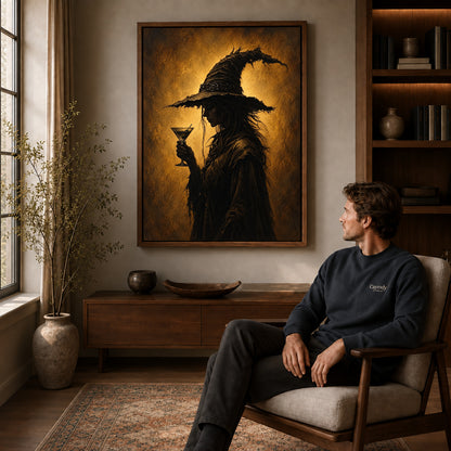 golden twilight witch canvas art in a walnut frame above a console beside a seated man.